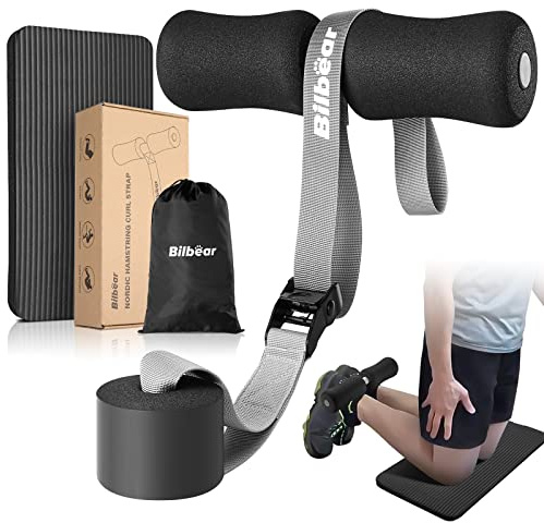 Bilbear Verstellbarer nordischer Oberschenkelgurt mit Kniematte, tragbarer nordischer Gurt für Oberschenkelbeugen, Kniesehnendehnung, Crunch, Sit-Ups, Nordic Curl-Maschine zu Hause, hält 180 kg Stand