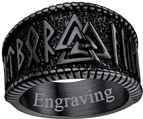 FaithHeart Schwarz Viking Stil Bandring mit Rune Symbol Personalisierter Valknut Fingerring in Ringgröße 65 Partnerring Freundschaftsring