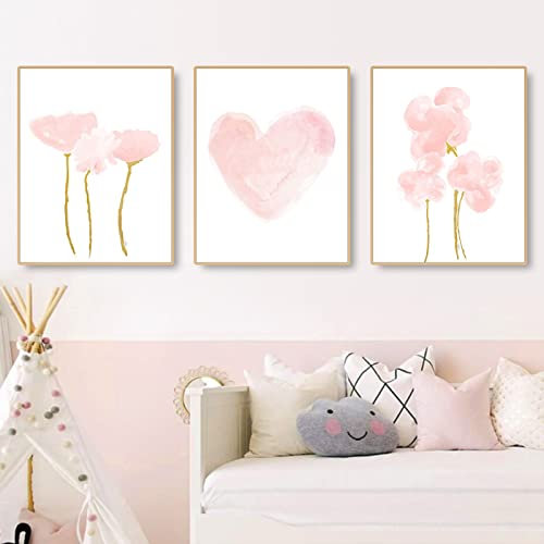 EXQULEG 3er Set Rosa Hase Blumen Schmetterling Poster, DIN A4 Bilder Kinderzimmer Babyzimmer Poster Kinderposter Kinderbilder für Kinder Junge Mädchen (HGJ)
