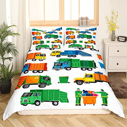 Müllwagen Bettwäsche 135x200,Cartoon Auto Bettbezug für Kleinkind Jungen,Grüner Müllwagen Bettwäsche Set für Kinder Jugendliche Zimmer Dekor,Maschinen Fahrzeug Autos Bett Set mit 1 Kissenbezug