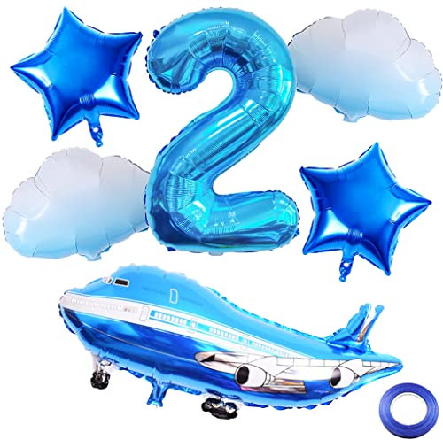 Weenkeey 2. Flugzeug Geburtstag Dekoration 2 Jahre Geburtstag Flugzeug Luftballons Flugzeug Cloud Folienballons Blau Zahl 2 Helium Ballon für Flugzeug Party Junge Geburtstag Party Supplies
