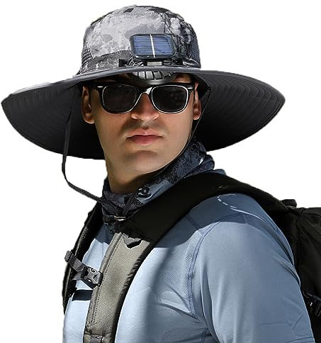 Solar & USB Charging Fan Outdoor Fishing Hat, Sonnenhut für Herren mit Ventilator, Breiter Krempe, Faltbar Atmungsaktiv, Kappe mit Ventilator Solar, Herren Sommer Outdoor Fischerhut (C)