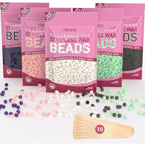 TRINIDA Wax Beads - Professional Hard Wax, 500g with 10 Applicators, Gentle Painless Hair Removal for Full Body, Face, and Legs (5x100g Packs, Multi-colour)
