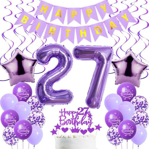 Luftballons 27. Geburtstag Frau Deko, Lila 27. Geburtstag Party Deko, Geburtstagsdeko 27 Jahre Frauen Lila, 27. Geburtstag Dekoration Frau, Lila 27. Tortendeko Geburtstag,27. Ballon Lila