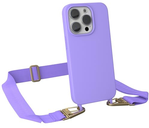 EAZY CASE - Hülle mit Band kompatibel mit iPhone 15 Pro Handyhülle mit Umhängeband Silikonhülle Schwarz Handykette zum Umhängen Handykordel Schutzhülle für Smartphone in Lavendel Lila - Clips Gold