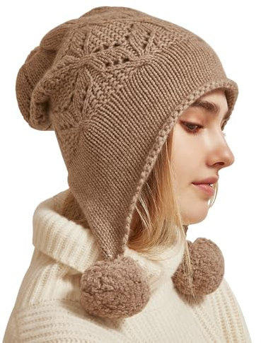 Warme Gestrickte Beanie Mütze mit Ohrenklappen für Damen Mädchen, 100% Kaschmir Winter Strick Ohrenschützer Hut mit 3 Pompons, Mode Bommel Mütze Ski Snowboard Hüte mit Ohrenwärmer, Geschenk Coffee F