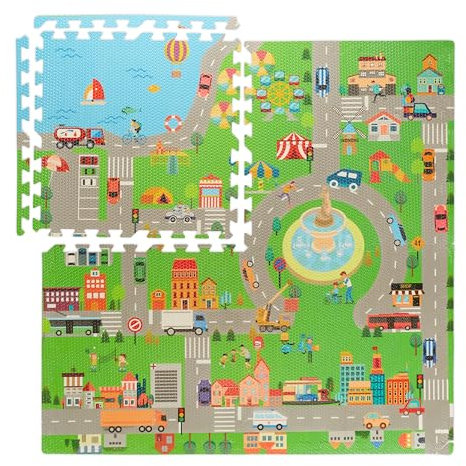 Relaxdays Puzzlematte Straße, 12-teilige Spielmatte, schadstofffrei, Eva Schaumstoff, Kinderzimmer, 121 x 121 cm, bunt