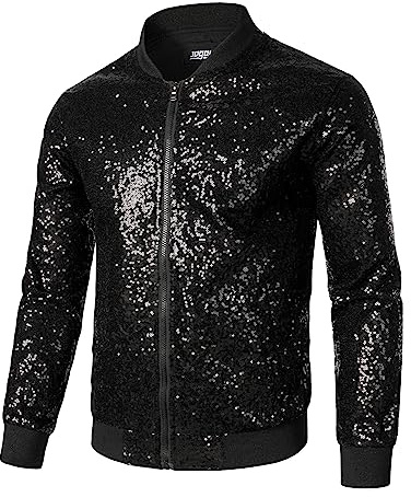 JOGAL Herren Metallic Pailletten Jacke 70er Baseball Bomberjacke Disco Nachtklub Party Kostüm Schwarz Klein