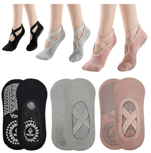 KEYRI 3 Paar Yoga Pilates Socke Rutschfeste Socken für Frauen Mädchen, Grippige Socken BodenSocke Anti-Rutsch Griffe Riemen, Einheitsgröße Atmungsaktive Socken für Fitness Ballett