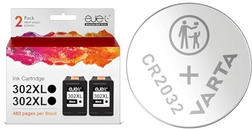 ejet 302XL 302 XL Wiederaufbereitet Tintenpatrone & VARTA Batterien Knopfzellen CR2032, 10 Stück, Lithium Coin, 3V, kindersichere Verpackung