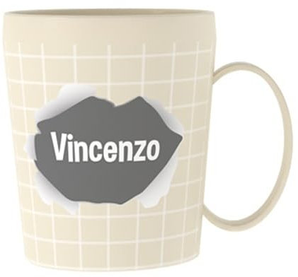 ILS I LOVE SHOPPING Taza personalizada con nombre, vaso de plástico, 350 ml, para microondas con asa de desayuno, fabricado en Italia (Vincento)