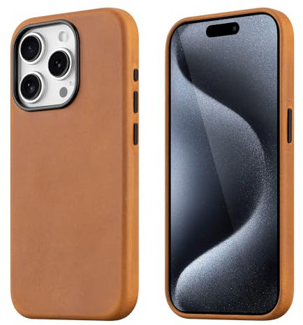 maogoam für iPhone 15 Pro Tasche Leder, Echtes Crazy Horse Leder Etui für iPhone 15 Pro, Kompatibel mit MagSafe, Indiana-Jones Style, Braun