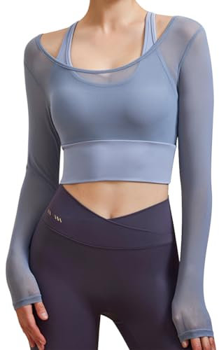 Harssidanzar Women's Yoga Long Sleeve 2 in 1 Mesh Gym Athletic Tops Workout Shirts with Medium Support Sports Bra CL301UK, Blue, Size L