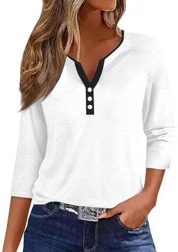 Generic HUIFUAO T-Shirts pour Femmes, T-Shirts d'été à Boutons avec col en V et Manches 3/4 pour Femmes, Haut rayé de Couleur, t-Shirt d'été Basique pour Femme, Coupe Ample, Z06 Blanc, XXL