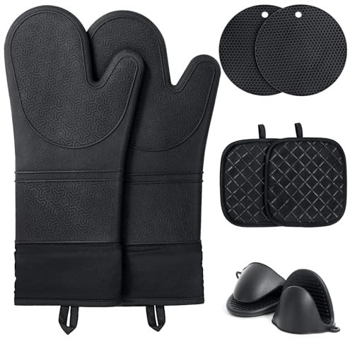 Funnydin Silicone Oven Gloves, Heat Resistant Oven Mitts, Non-Slip, Machine Washable, Black, Cotton Fill, Silicone Outer, 14.5 inches, Suitable for Most Kitchen Items