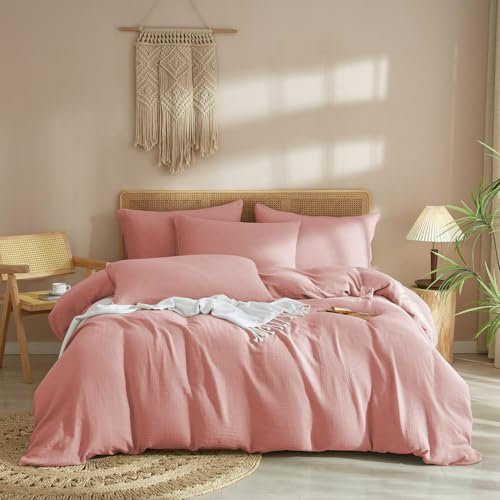 Luofanfei Bettwäsche 200x200 Muslin Baumwolle Rosa Renforce Uni Sommer Kühlende Boho Bettwäsche Set Einfarbig Weiche Bettbezug Knitterlook Bügelfrei mit Reißverschluss und Kissenbezüge 80x80cm
