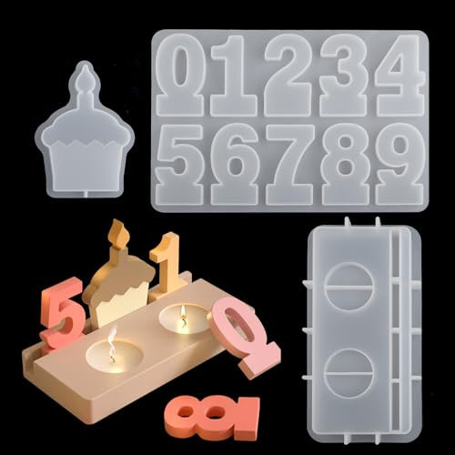 3 Stück Silikonformen Gießformen Geburtstag, Silikonform Einschieber, Silikonformen Gießformen Zahlen 0-9 Kerzenhalter, Silikonform Kuchen Kerzenhalter Gießform Geburtstag für DIY Kerzen