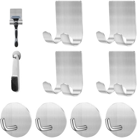 Diesisa Razor Holder + Towel Hooks, 304 Stainless Steel, Waterproof, Self-Adhesive, Stick-On, 4+4 Pack - Silver