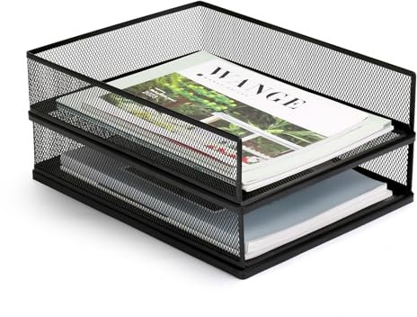 AZFUNN Wire Mesh Letter Trays Paper Tray Desk File Organizer, 2 Pack Stackable Metal Front-Load Documents Tray for Office Supplies File (Lengthways)