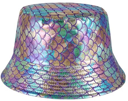 MILAKOO Party Eimer Hut Fischschuppen Print Glittered Kopfbedeckung Doppel Seite Tragen Reversible Holographic Eimer Kappe für Rave 80er 90er Party