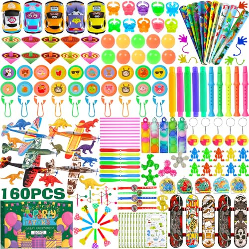 ZHHGOO 160PCS Party Favors Cadeau D'anniversaire pour Enfants,School Award Petits Jouets Fillers Cadeau de Classe mit Spirales Arc-en-Ciel,Toupie,Petit Dinosaure