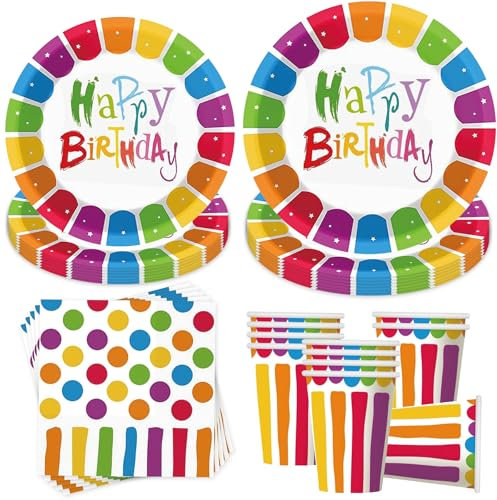Sunshine smile Juego de 50 platos de papel arcoíris para fiestas de cumpleaños, con platos, vasos y servilletas de papel arcoíris, vajilla de fiesta de cumpleaños, vajilla de cumpleaños infantil