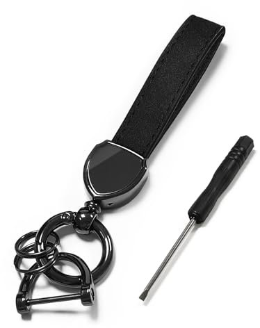 Porte-Clés de Voiture en Cuir Véritable, Porte Clef Voiture, Porte Clés Universel en Cuir avec Anneau en D Anti-Perte, 2 Porte-Clés et 1 Tournevis (Noir)