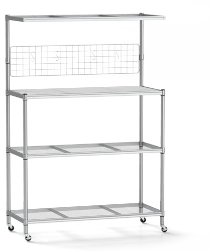 GiantexUK 4-Tier Kitchen Storage Rack, Metal Baker's Rack with Adjustable Shelves, 4 Wheels, Hanging Grid Panel, S Hooks & Shelf Liner, Rolling Microwave Oven Stand for Dining Living Room