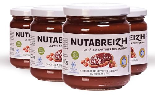 PACK 4 X200g Gläser Nutabreizh - Schoko-Haselnuss-Aufstrich mit einem Hauch von Karamell gesalzener Butter - ohne Palmöl - Traditionelle Herstellung im Kessel in BRETAGNE