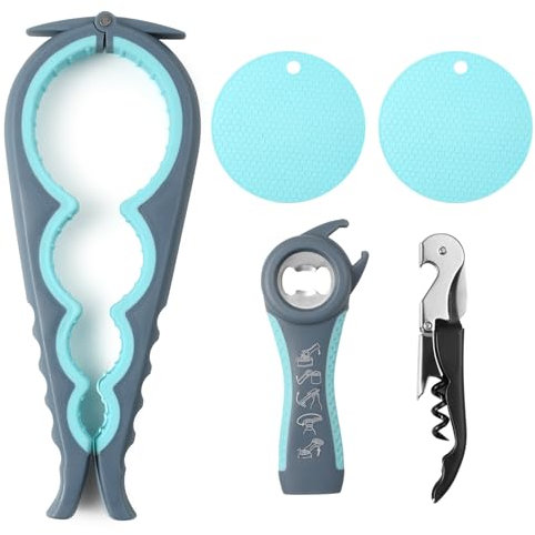 FHISKUNYU – Set 5-in-1 Multifunzione Apribottiglie Apriscatole Manuale Apribarattoli – Kit Apertura Barattoli e Bottiglie con Impugnatura Antiscivolo (Azzurro Chiaro)