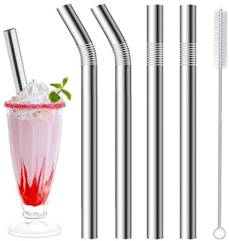 Stainless Steel Milkshake Straws - 4 Pack, 10mm Wide, 266mm & 216mm Long, 1 Straw Cleaner, Reusable for Thick Drinks