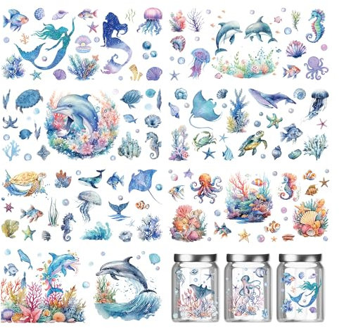 Rub on Transfers for Crafts - 8 Sheets Ocean Animals UV DTF Cup Wraps for 16 Oz Glass Turtle Seastar Dolphin Mermaid Wraps Sea Waterproof Personalized Stickers Glass Cups Wood Crafts