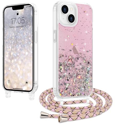 LCHULLE Crossbody Lanyard Case for iPhone 14/13 with Strap, Pink | Adjustable Removable Neck Strap, Sparkle Glitter Phone Cover for Women, Clear TPU Bumper, Shockproof Drop Protection