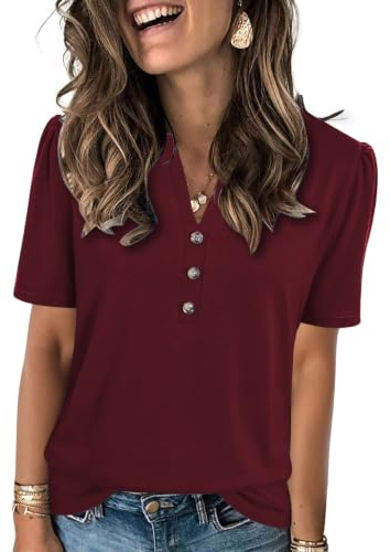 Famulily Womens Summer Tunic Tops Puff Short Sleeve Longline T-Shirts Button Loose Casual V Neck Going Out Blouse
