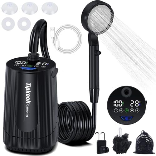 Douche Portable, [10000mAh] Tipkook Douche Camping,Pompe de Douche Électrique Rechargeable,Imperméable, avec Afficheur Intelligent et Pomme de Douche 5 Modes pour Extérieure,Camping,Randonnée