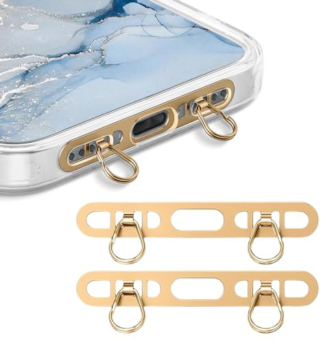 LunarCharm 2 Stück Metall Handy Kette Halterung Gilt für iPhone, Handy-Lanyard-Patch mit 2 Ringen, aus Edelstahl, Dünn Robust, verhindert Herunterfallen (Gold+Gold)