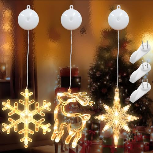 LongZYU 3 Stück Weihnachtsbeleuchtung Innen, Weihnachtsbeleuchtung Fenster mit Saugnäpfe, 10 LED Lampenperle, Saugnapf Weihnachtsdeko Lichter für Weihnachten Beleuchtung Deko Party Hochzeit(Warmweiß)
