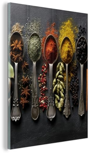 MuchoWow© Glasbilder Wanddeko Wohnzimmer Aesthetic Room Decor Deko Zimmer | 60x80 cm - Wandbilder Modern Bild auf Glas Löffel - Gewürze - Zimt - Chili