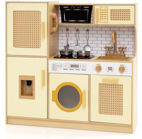 DREAMADE Cuisine Enfant, 84 x 25 x 80 cm, Cuisine en Bois pour 3+ Ans avec Sons et Lumières Réels, Cuisinière, Distributeur d'eau, Hotte et Ustensiles (Jaune)