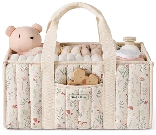 Blissful Diary Panier Rangement Bébé, Organiseur de couches pour Table à Langer, panier de rangement pour couches et lingettes pour bébé, cadeau pour fête prénatale, Fleurs Beiges