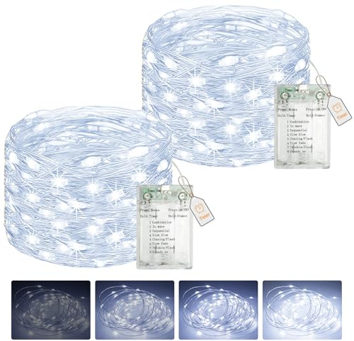 btfarm 2 Pack Fairy Lights Battery Operated with Timer Dimmable, 8 Modes String Lights USB Powered, 5 M 50 LED Christmas Wire Lights Waterproof for Xmas Tree Indoor Outdoor Bedroom Decor, Cool White