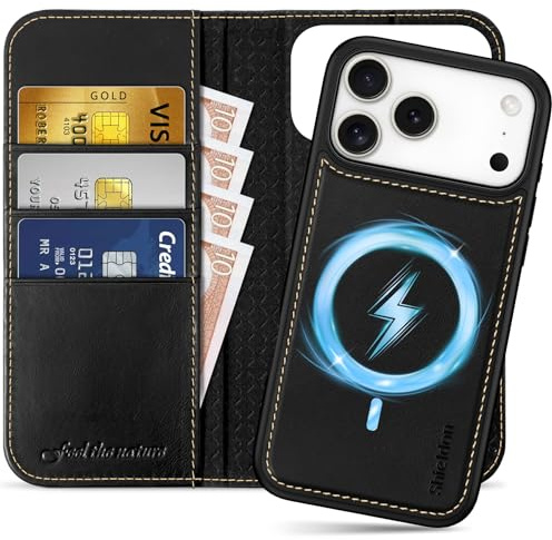 SHIELDON 2 IN 1 Hülle für iPhone 18 Pro Max/17 Pro Max 6,9, Retro Schwarz | Rindsleder, Abnehmbare Lederhülle, Kabelloses Laden, 3 Kartenfächer, Ständer, RFID Blocker, Handy-Ösen, Magnet Handyhülle