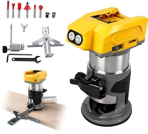 Akku Oberfräse kompatibel mit Dewalt 18V 20V, 800W Bürstenloser Kantenfräser 30000U/min Tragbarer Handfräser für Holzbearbeitung 5 Geschwindigkeiten, 1/4 Fräser, 6/6,35/8mm Spannfutter (ohne Akku)