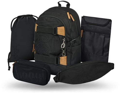 Baagl Schulrucksack Set Jungen 5 Teilig Schultasche ab 3 Klasse - Darkness | Ergonomischer Schulranzen und Skateboard Rucksack als Grundschule Ranzen mit Brustgurt sorgt für Ordnung.