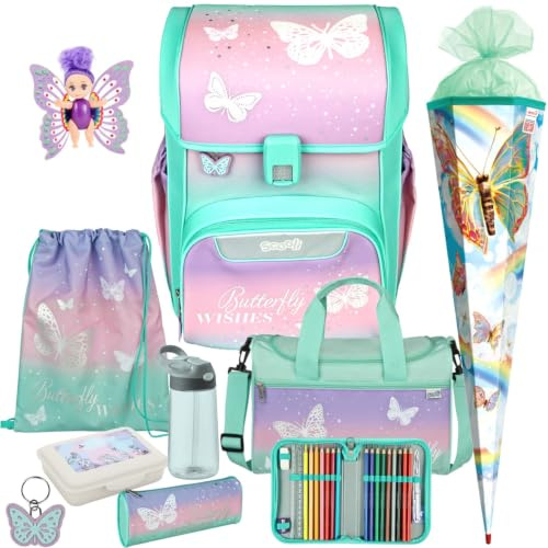 Pridera Scooli Schulranzen 1. Klasse Mädchen Butterfly Wishes Schmetterling EasyStart Schulranzen-Set (10tlg. mit Sporttasche Brotdose Trinkflasche Fairy-Püppchen Schultüte R)