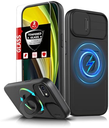FRLMOOES for iPhone SE 2020 Case Magnetic with Kickstand Ring +Camera Cover | Compatible with MagSafe Wireless Charging,with 2 Screen Protectors,Anti-Scratch Shockproof Heavy Duty Protection Phone,Black
