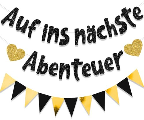 Abschiedsparty Deko Ruhestand Girlande Banner - 3 Stück Deko für Rentner | Schwarz Gold Auf ins nächste Abenteuer Banner für Ruhestand Party