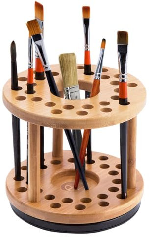JackCubeDesign 360 Rotating Bamboo Watercolor Paint Brush Holder Water Coloring Brush Organiser Display Stand Tray Rack with 27 Holes and 1 Big Hole – MK441A