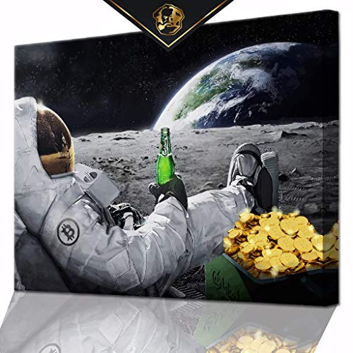 DotComCanvas® XXL Bitcoin-Wandbild für Trader von Cryptowährung BTC Coin | Leinwand direkt Aufhangbereit BITCOIN ASTRONAUT LIFESTYLE (80 X 60 CM)