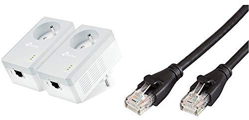 TP-Link TL-PA4015P KIT CPL 600 Mbps avec Prise Intégrée et Ports Ethernet, Kit de 2, Compatible avec Tous Les Anciens Modèles & Amazon Basics Câble réseau Ethernet RJ45 catégorie 6-7,6 m